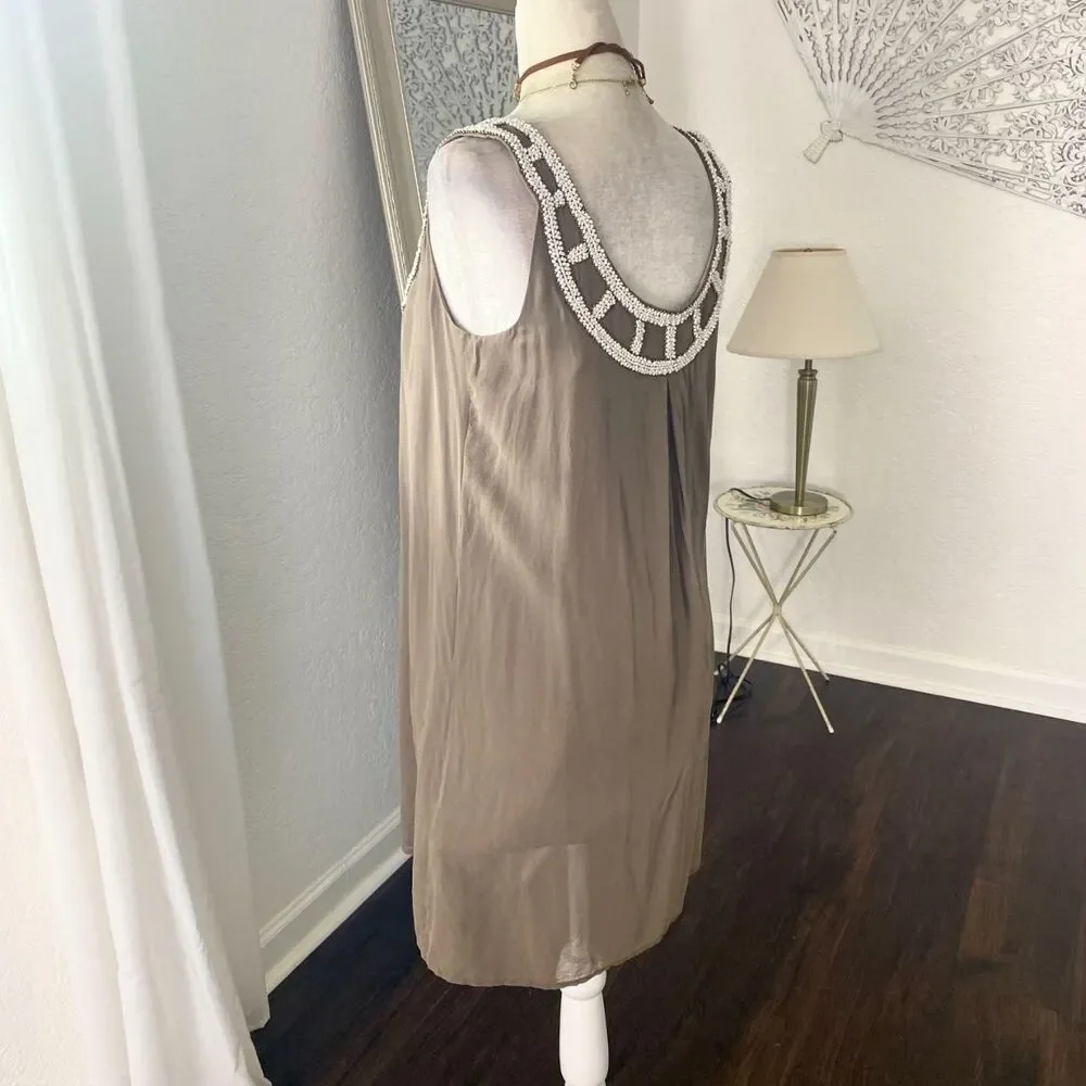 Boston Proper Taupe Silk Beaded Siren Mermaid Babydoll Mini Dress US 6 / S